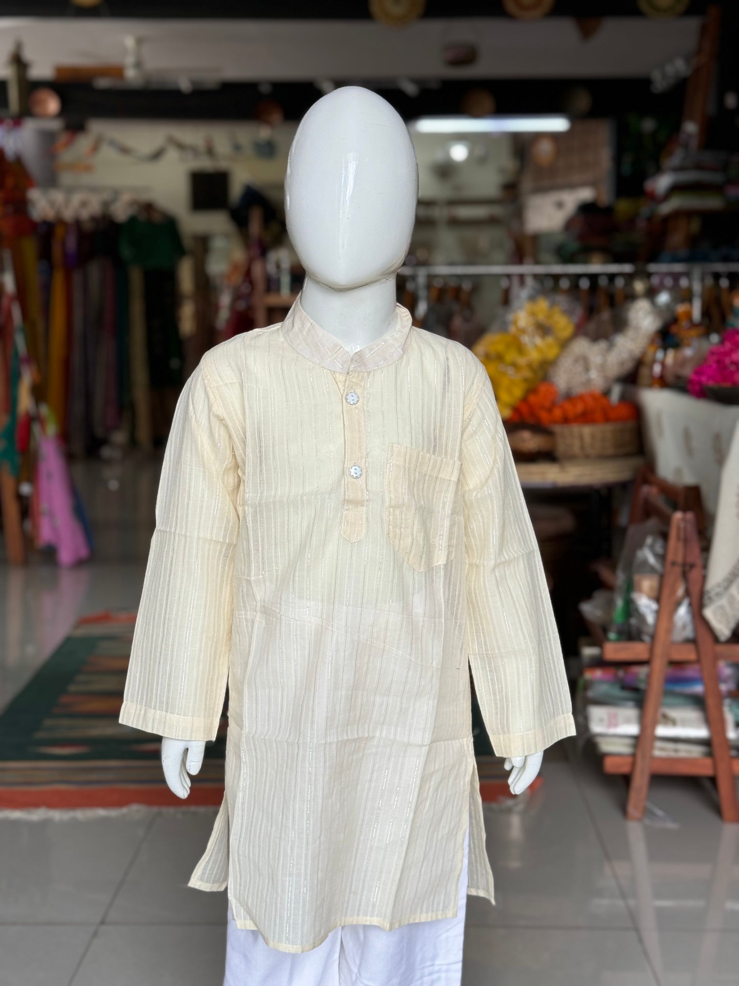 Off white lurex stripes cotton long kurta for boys