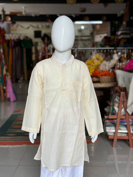 Off white lurex stripes cotton long kurta for boys
