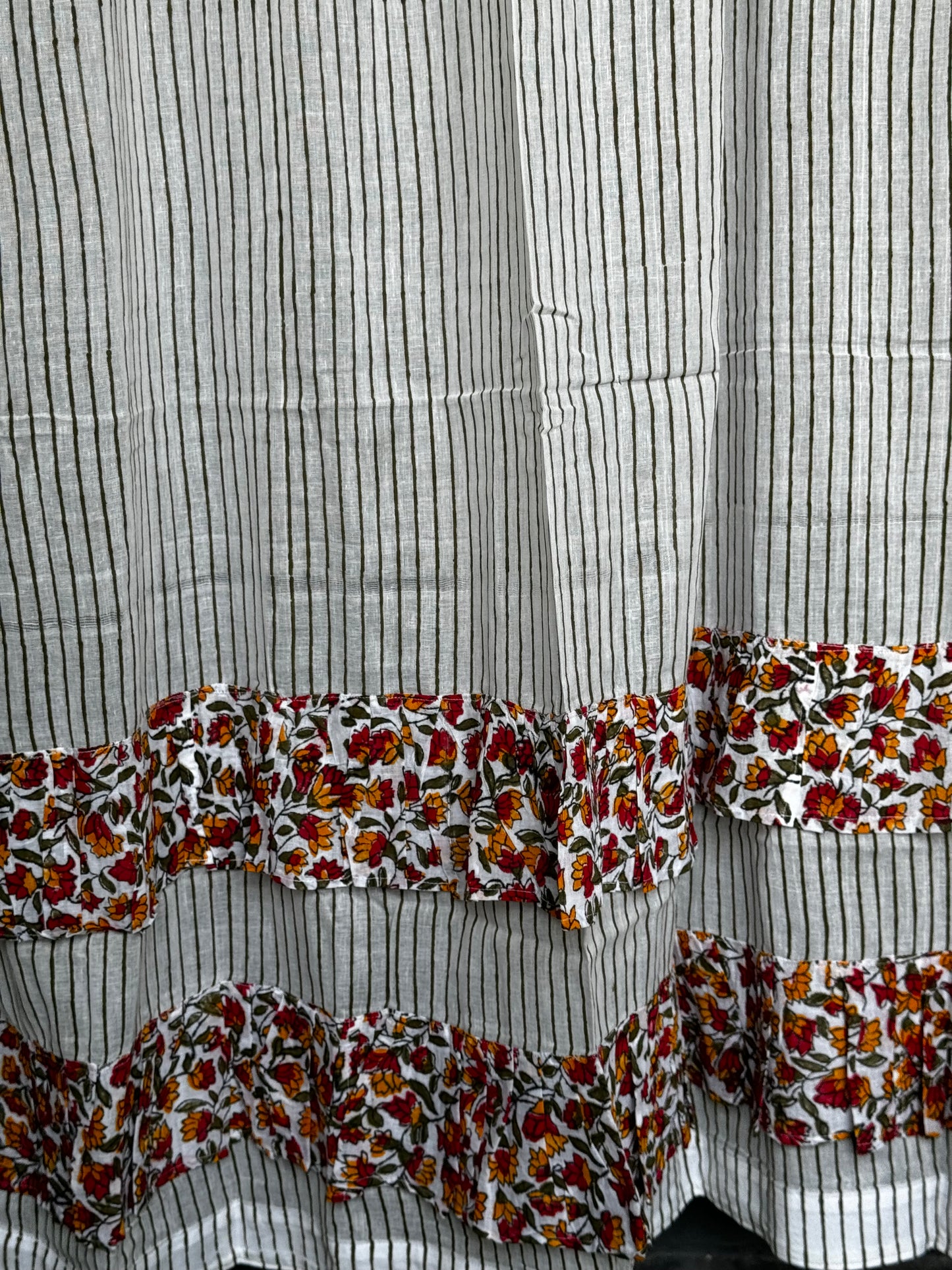 Stripes hand block printed cotton 7 feet door length curtain with floral frills at the hem