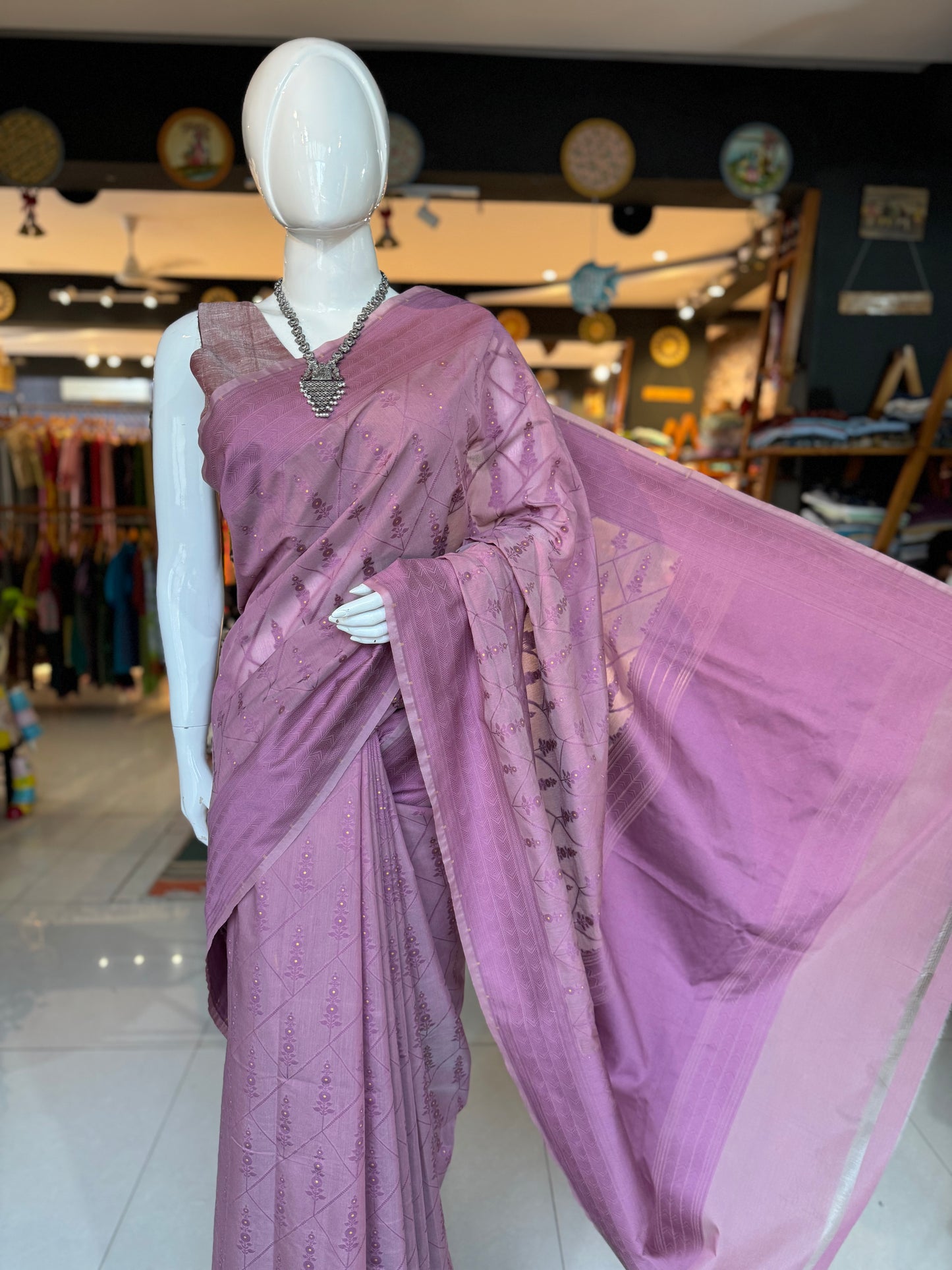 Mauve Banarasi cotton saree with self border