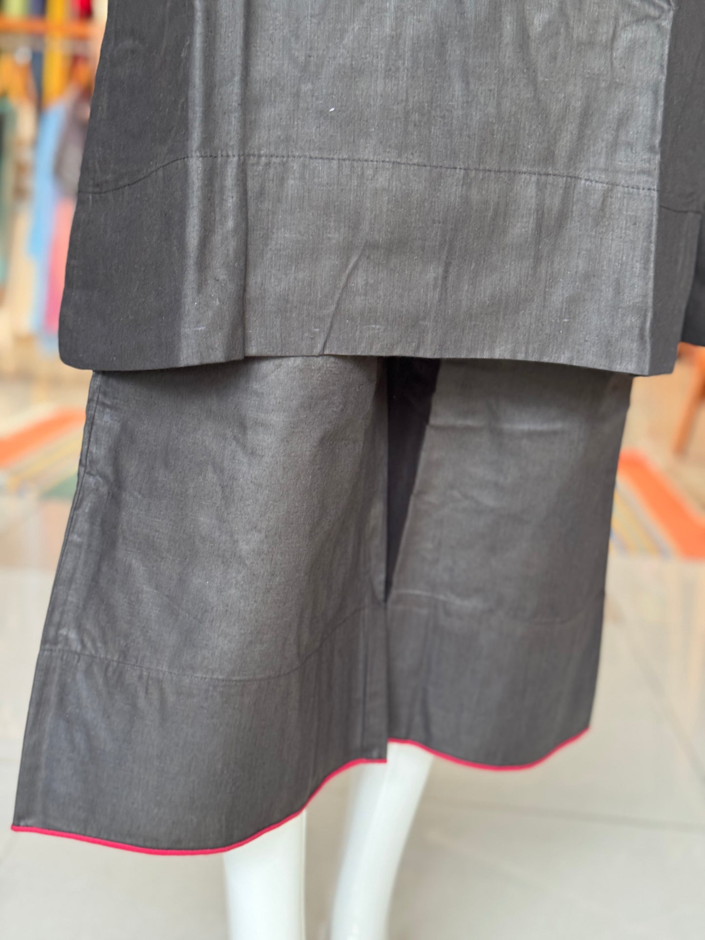 Black hand embroidered cotton kurta n pants - 2 piece coord set