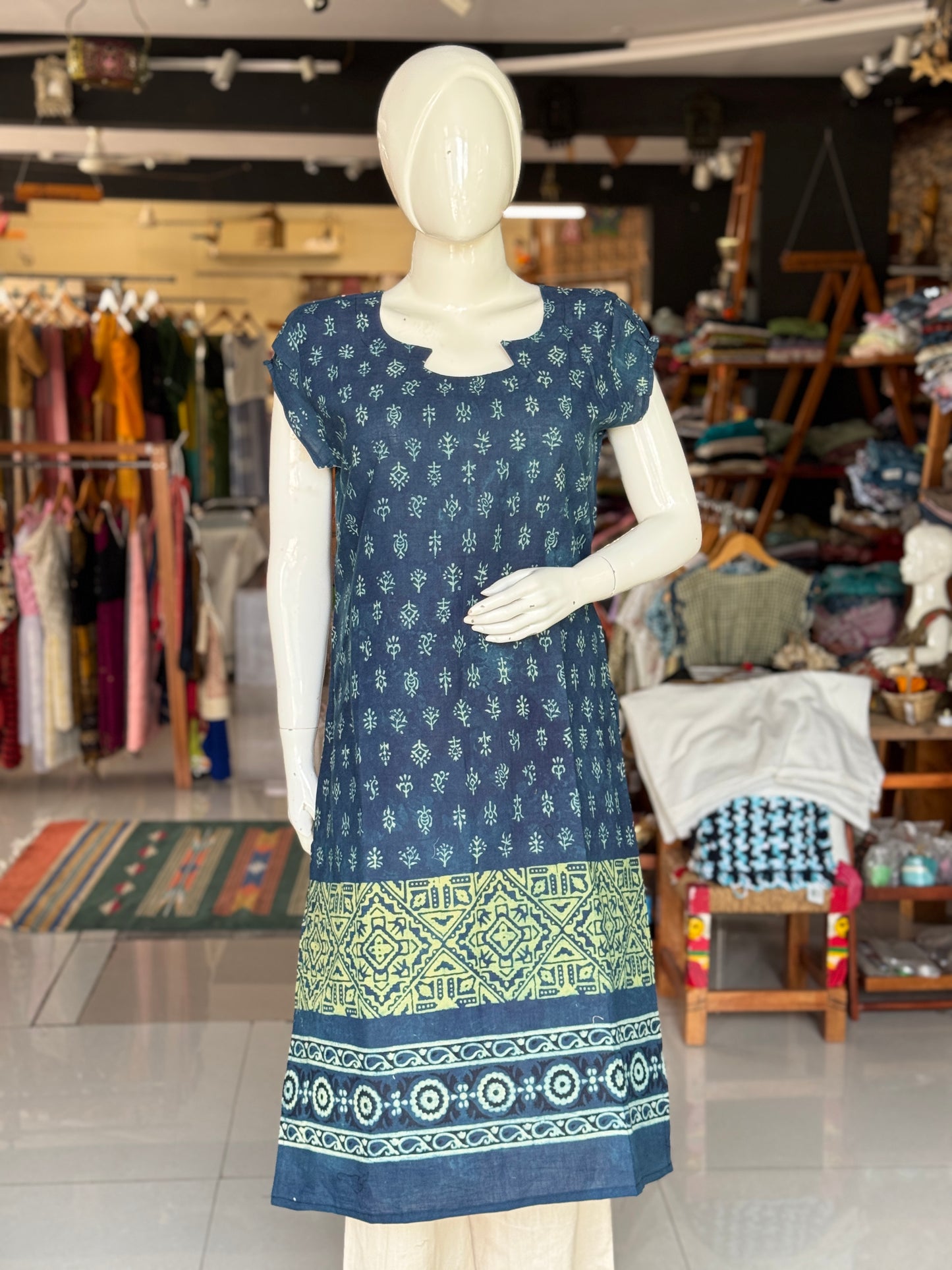 Indigo Ajrakh hand block print straight cut cotton kurti