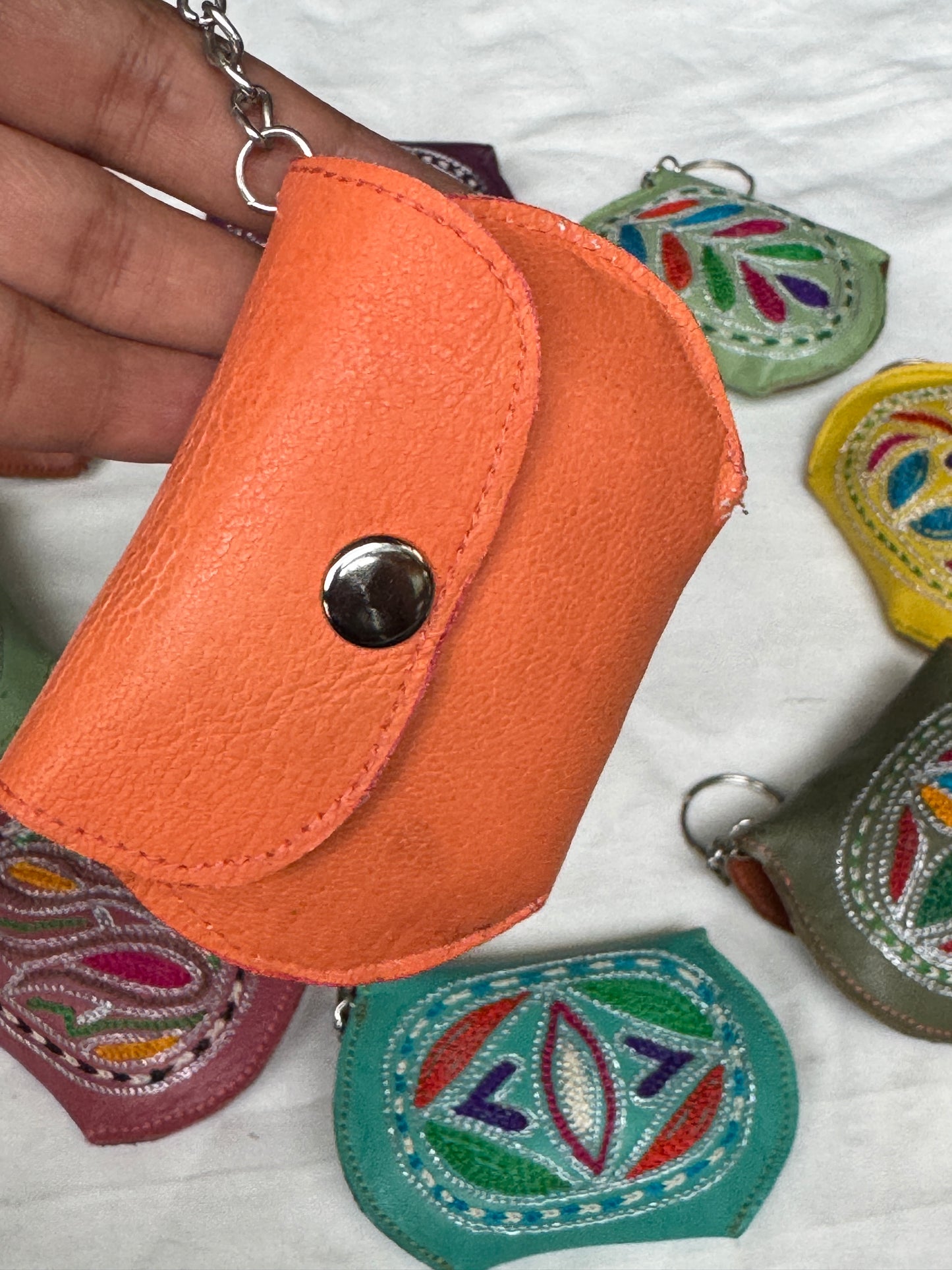 Key ring - leather with hand embroidery - multiple designs and color options available