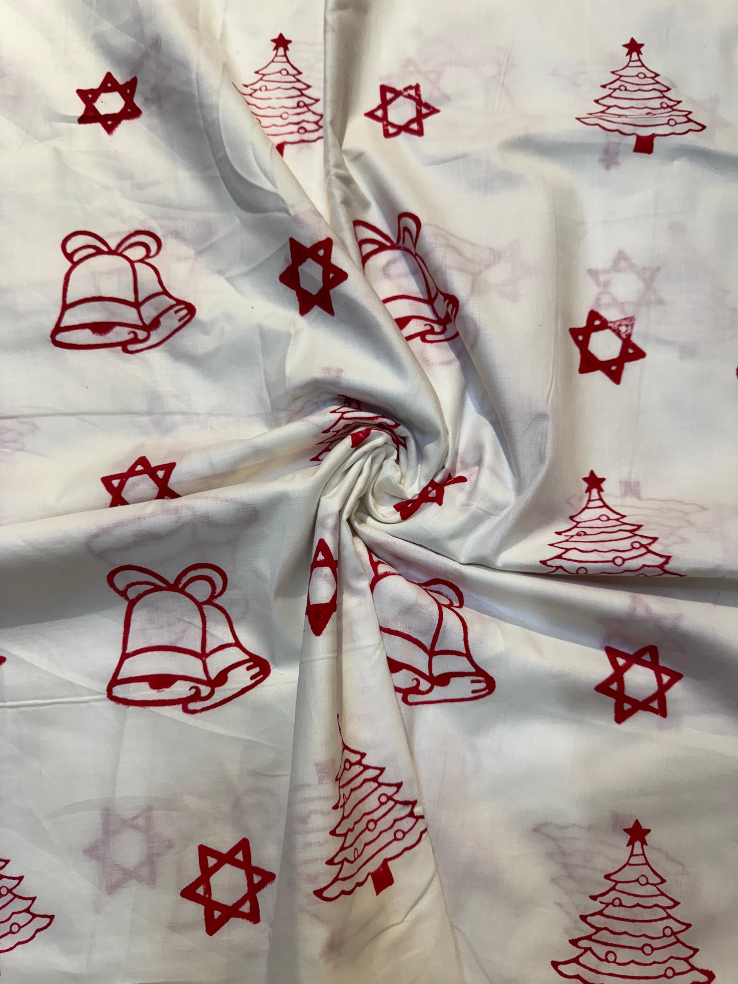 Christmas themed white hand block printed cotton fabric