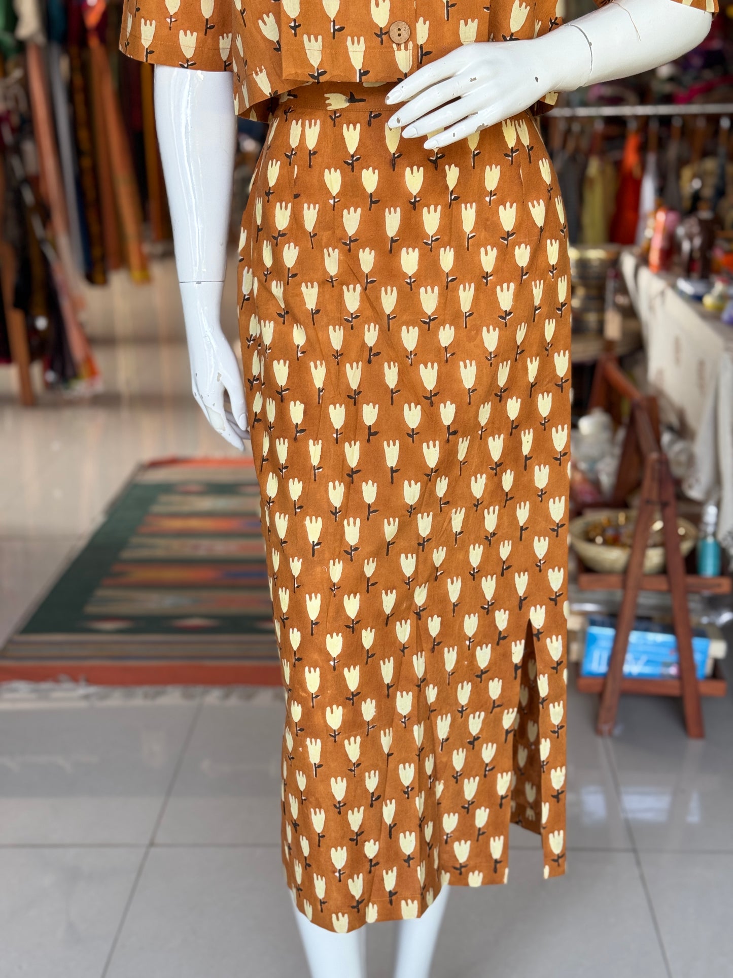 Mustard brown hand block printed cotton coord set with collared crop top and straight skirt with front slit