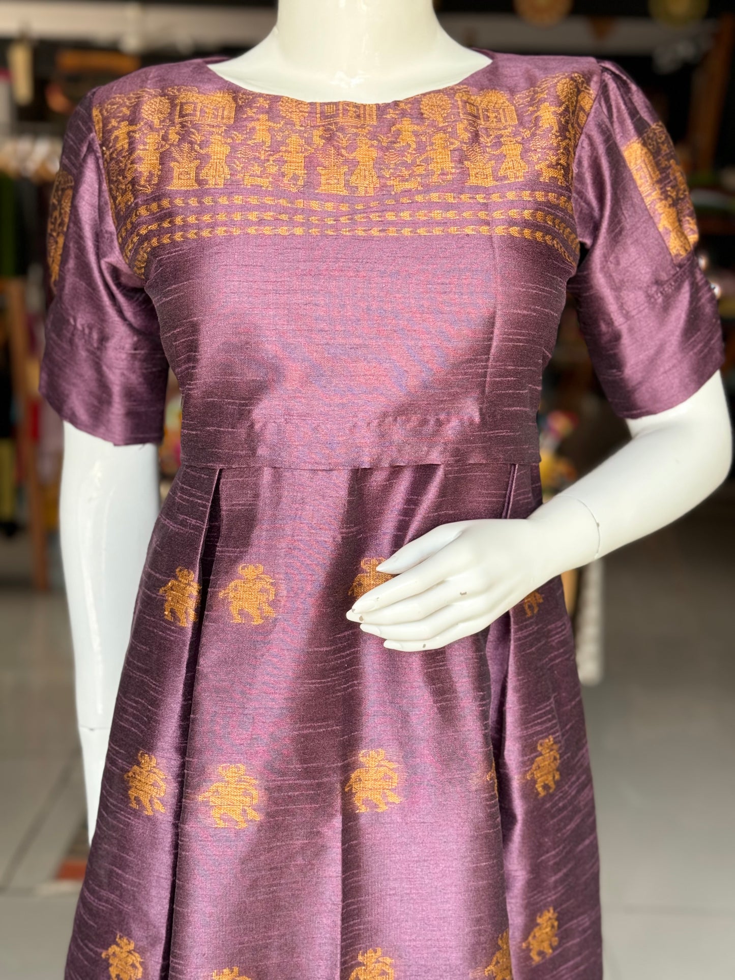 Mauve hand woven raw silk dress with tribal motifs