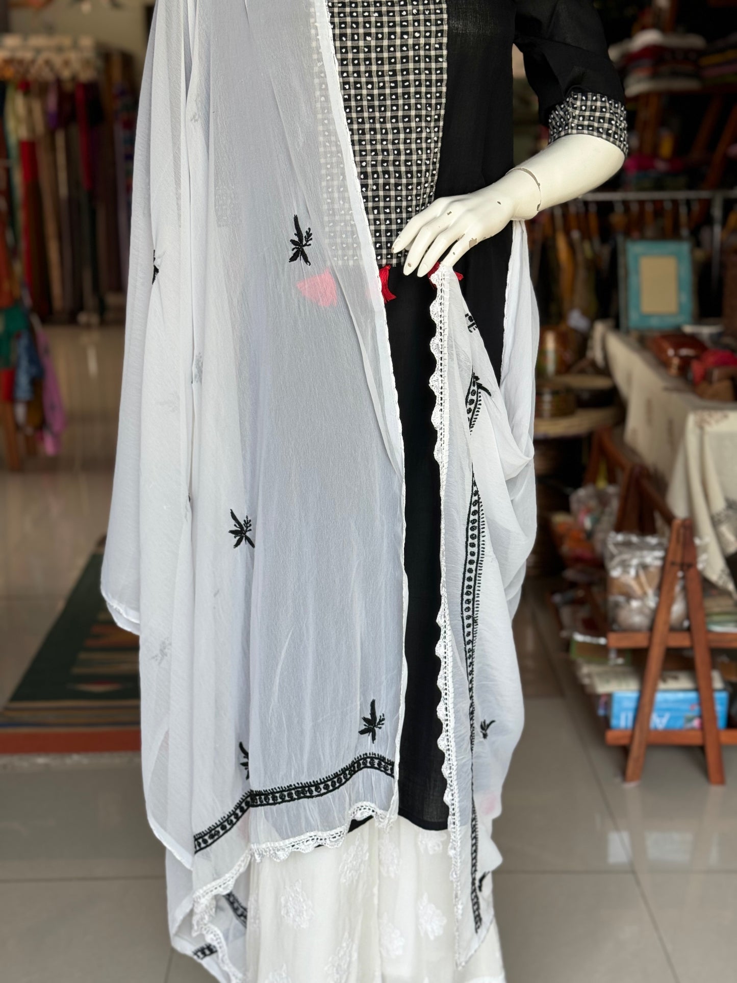 Chikankari hand embroidered semi chiffon dupatta