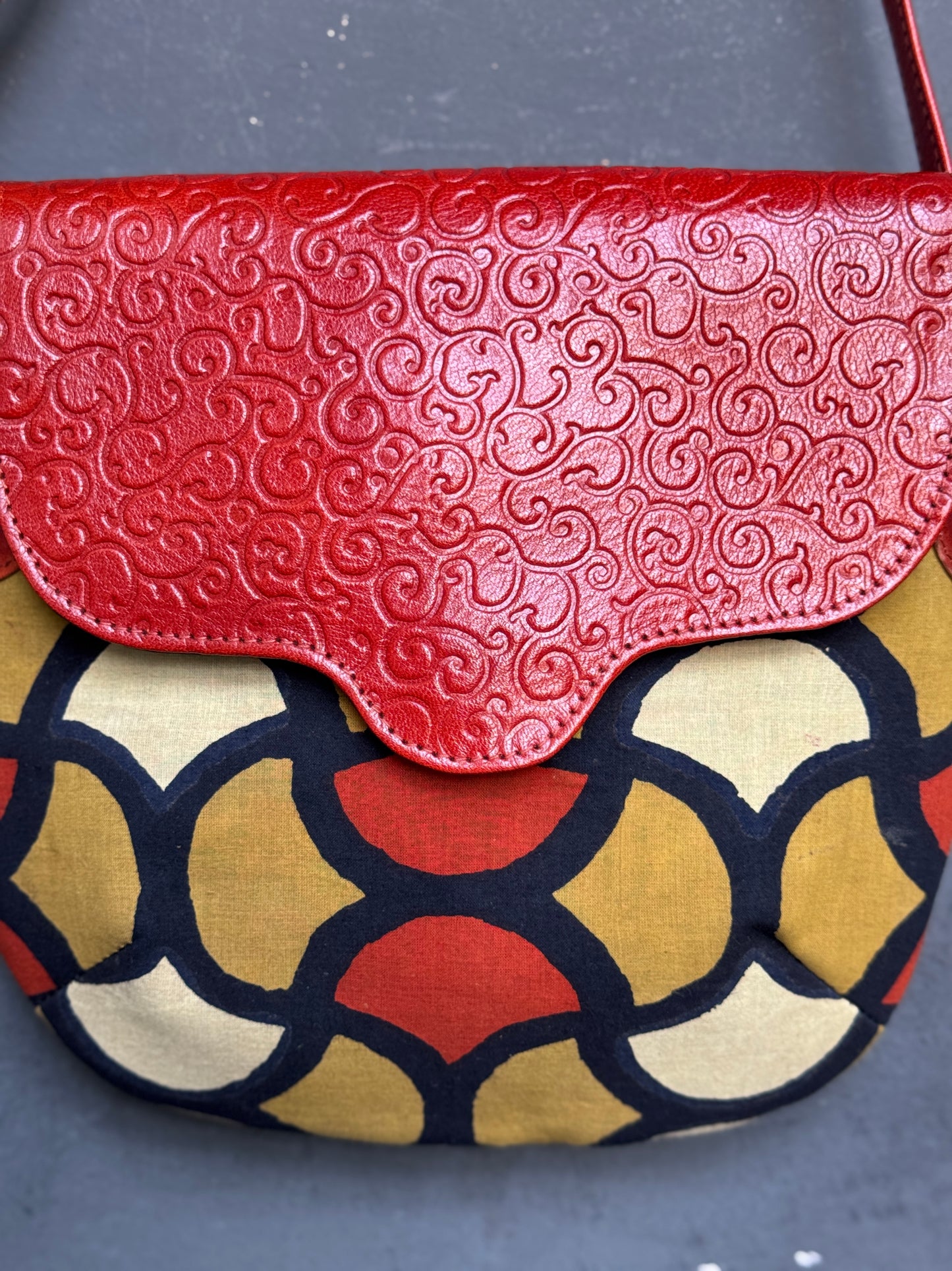 Hand crafted adjustable length sling bag - block printed fabric and embossed leather - multiple designs