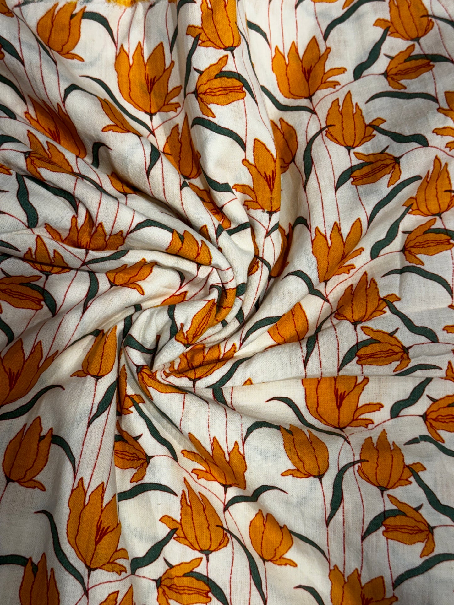 Mustard flowers and stripes print on Off white soft cotton handloom fabric