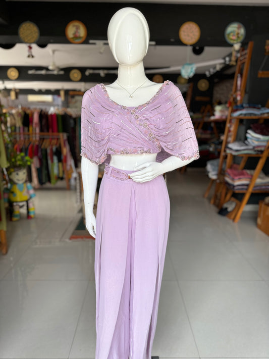 Lavender hand embroidered georgette crop top, plazo set with a beautiful belt