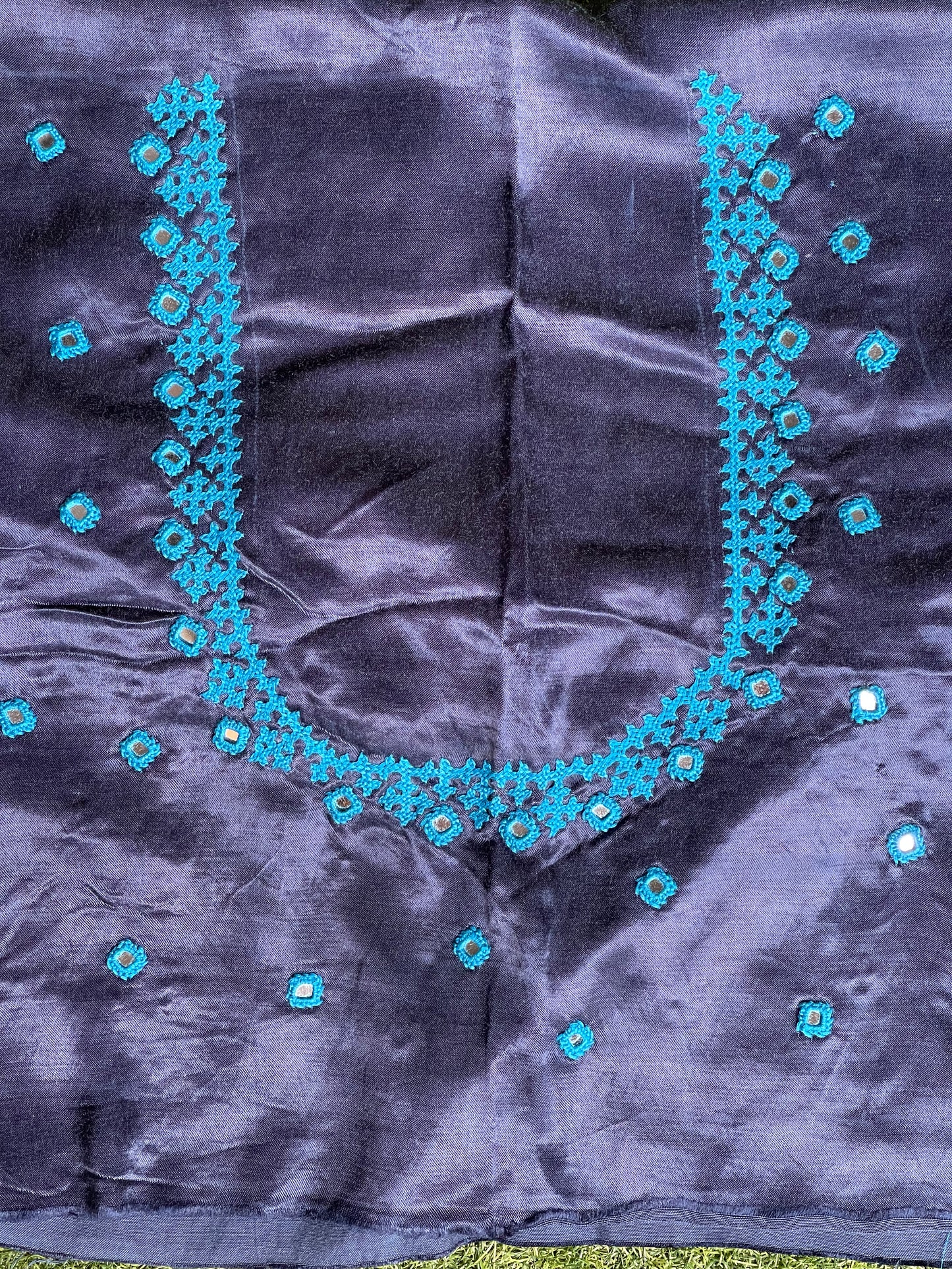 Blue on blue Kutchi mirror hand embroidered unstitched mashru blouse fabric