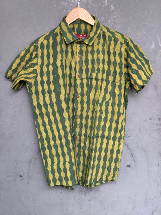 Green curvy stripes half sleeves mens hand block printed cotton shirt