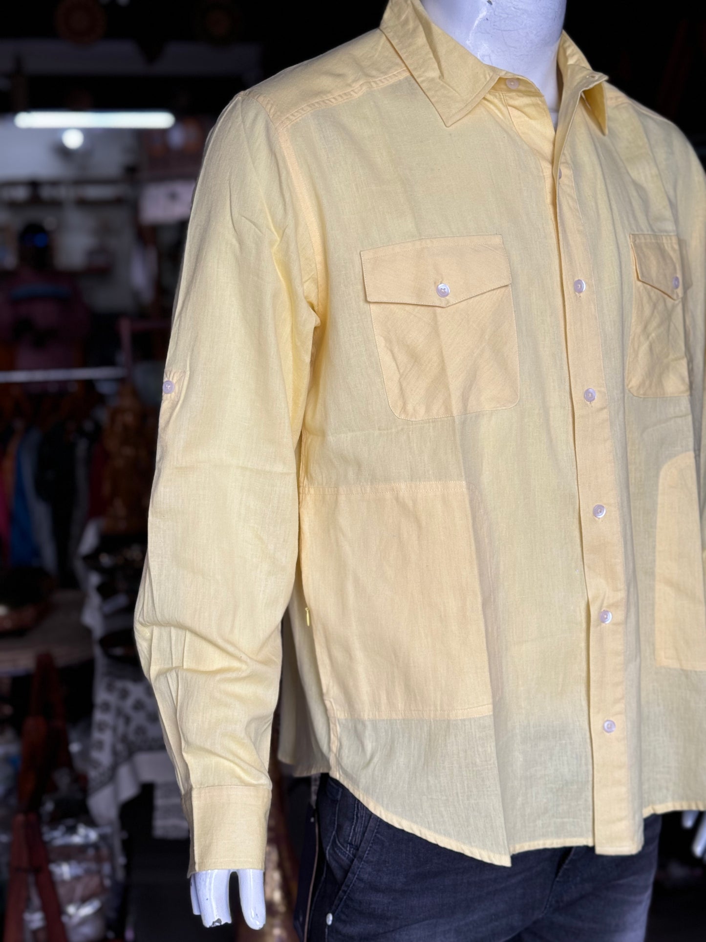 Yellow 4 pockets linen cotton designer shirt for men