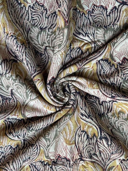 Green, black, beige wild flowers pattern hand block printed natural dyed Kalamkari cotton fabric