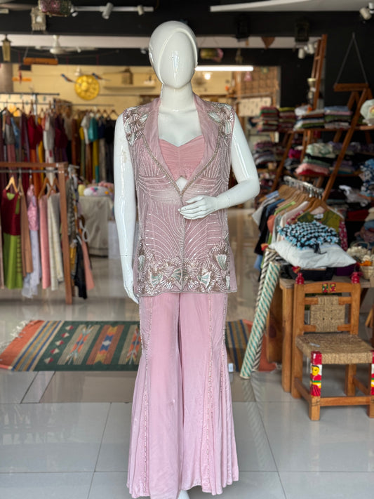 Soft pink wonder - hand embroidered organza jacket, crepe bustier and sharara - 3 piece set