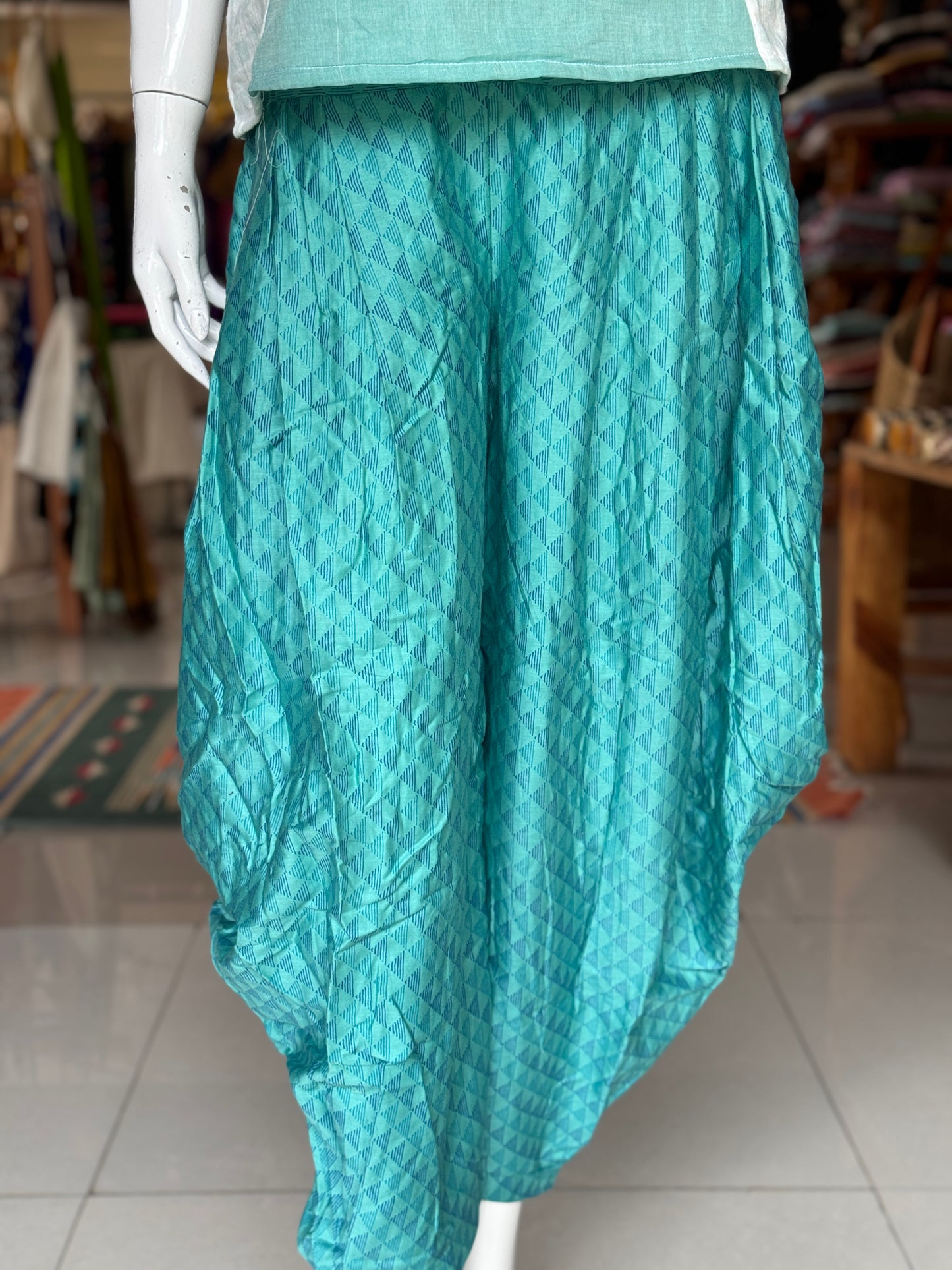 Sea green with blue lines hand block printed cowl style pants