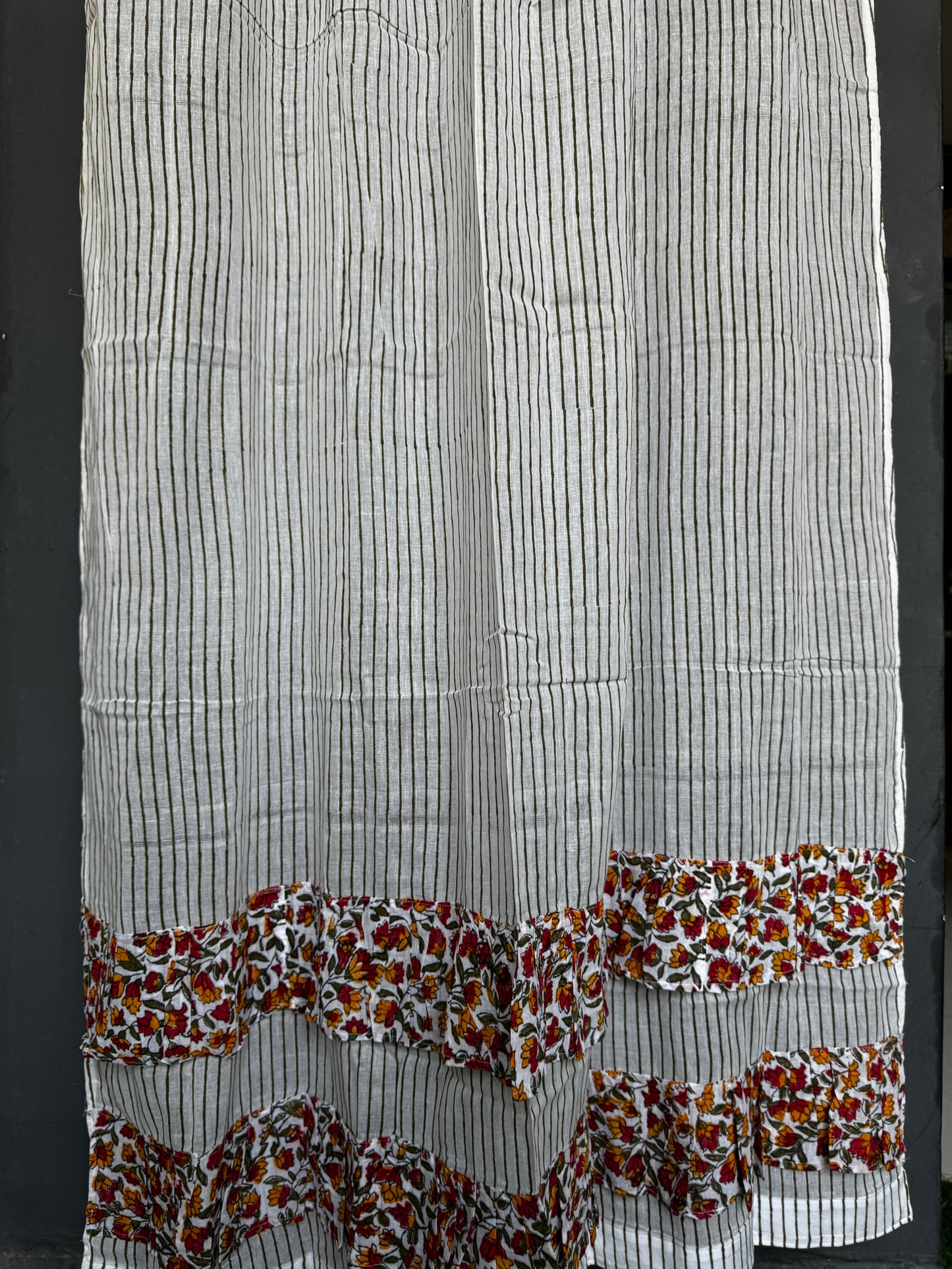Stripes hand block printed cotton 7 feet door length curtain with floral frills at the hem