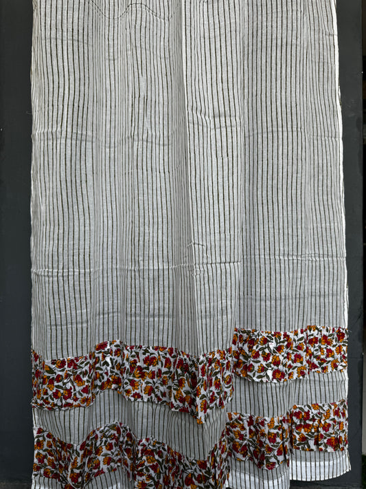 Stripes hand block printed cotton 7 feet door length curtain with floral frills at the hem