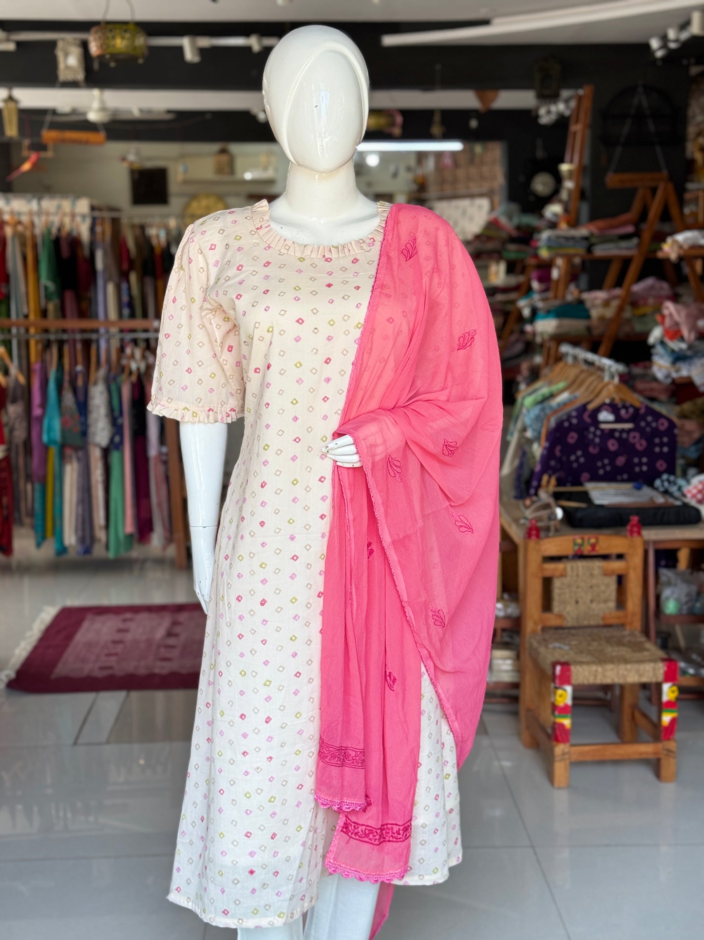 Diamond print light peach hand block perched cotton A-line kurti / dress with frill neck line