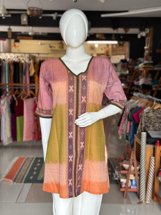 Orange mauve cotton handloom soft ikat kurti with butterflies border