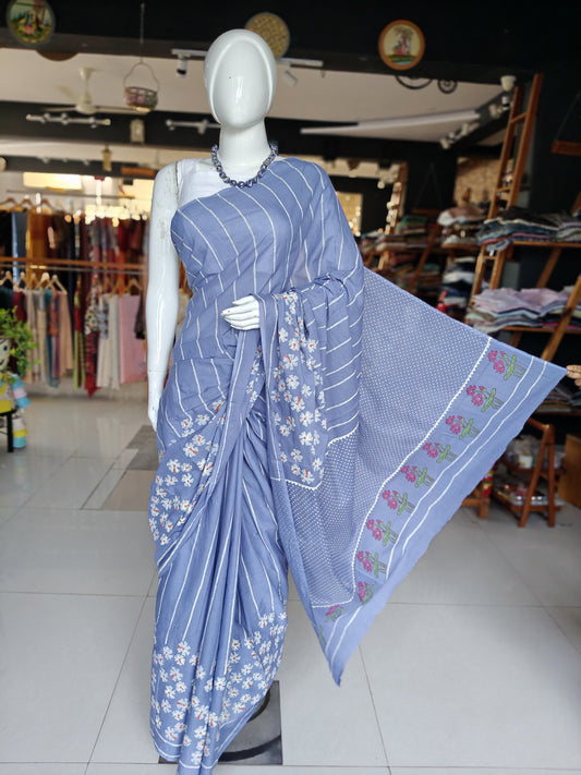 Parijat - the sacred flower - hand block printed light blue cotton saree