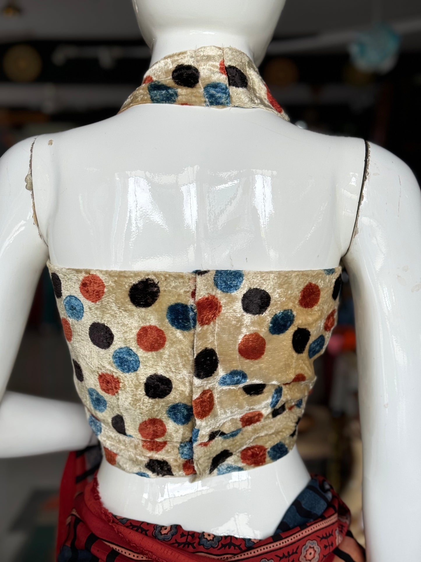 Cream velvet hand block printed fancy Ajrakh blouse with colorful big dots print