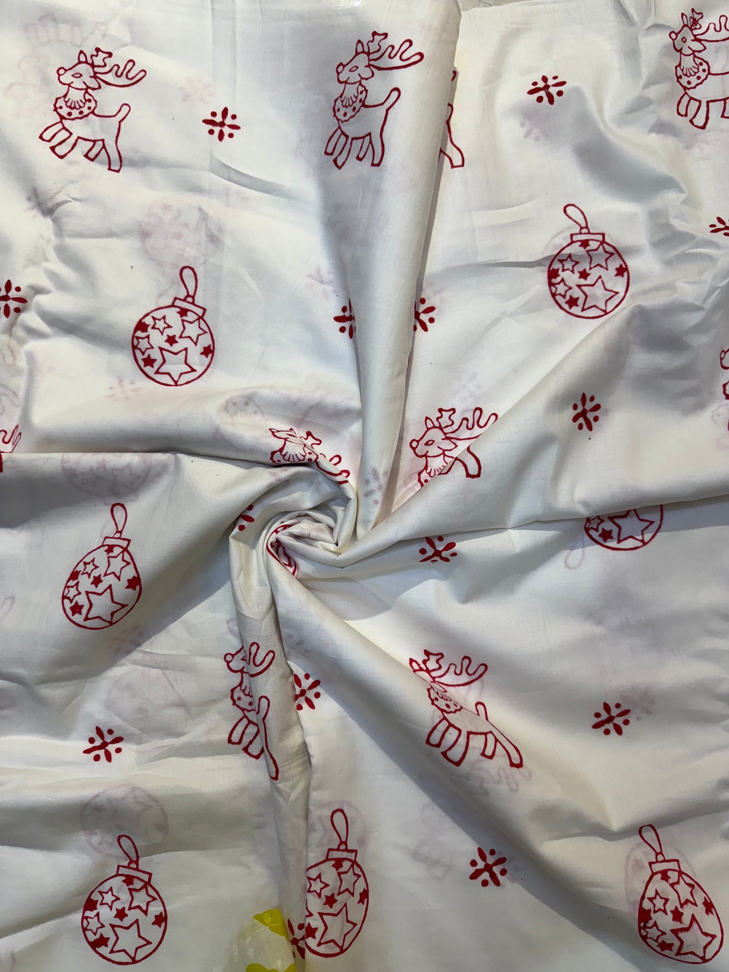 Christmas themed white hand block printed cotton fabric