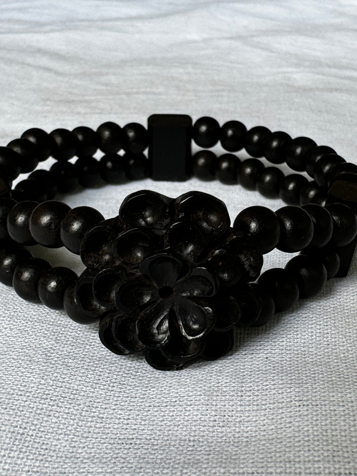 Black ebony wood 2 layers beads bracelet with carved flower center - free size, with elastic