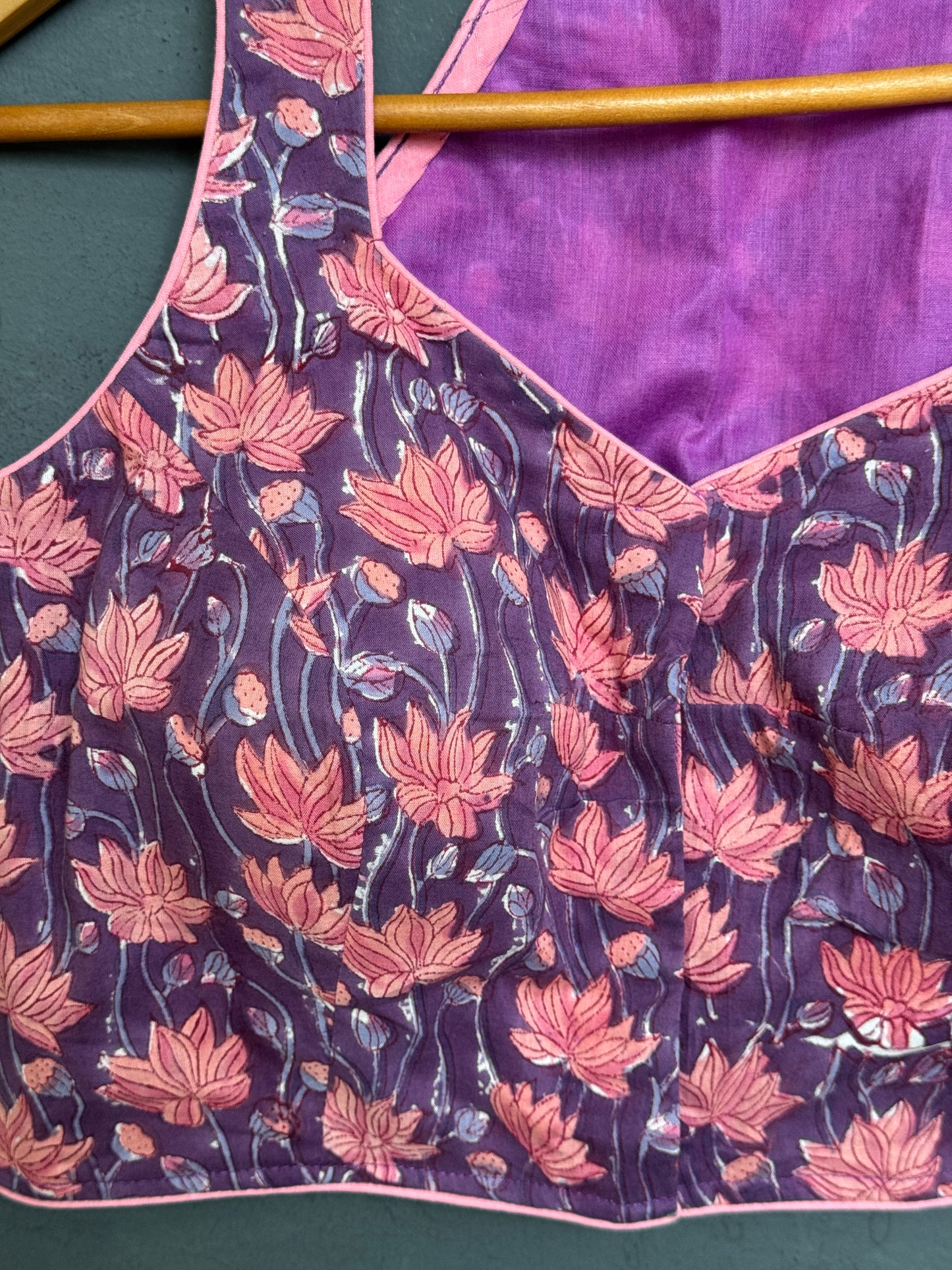 Violet floral hand block printed cotton halter neck blouse