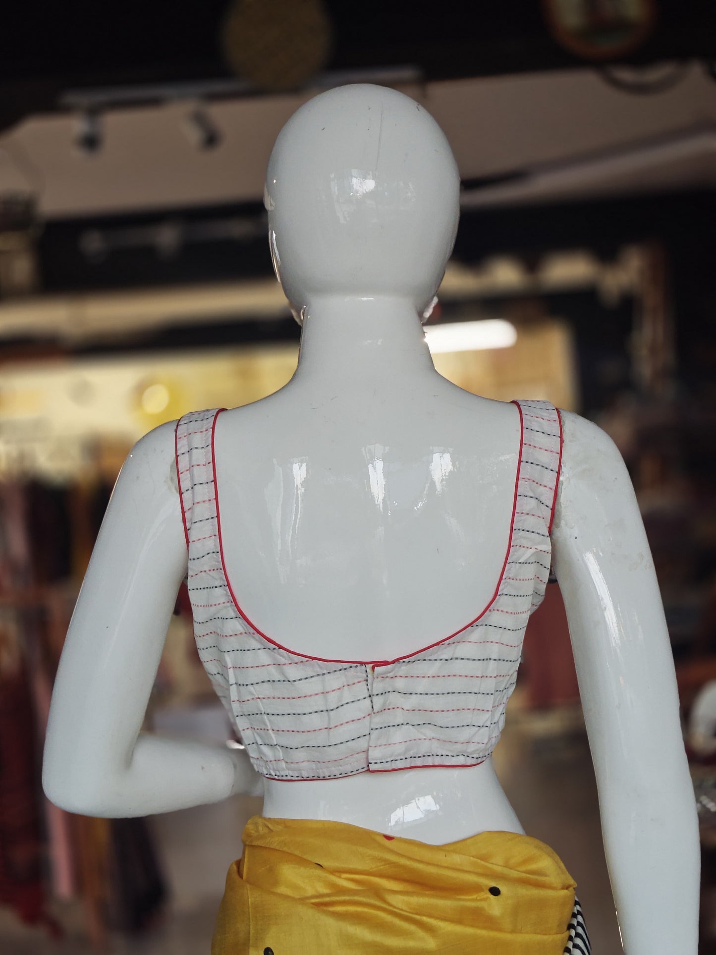 White Kantha stripes, red piping back open sleeveless cotton blouse with pads