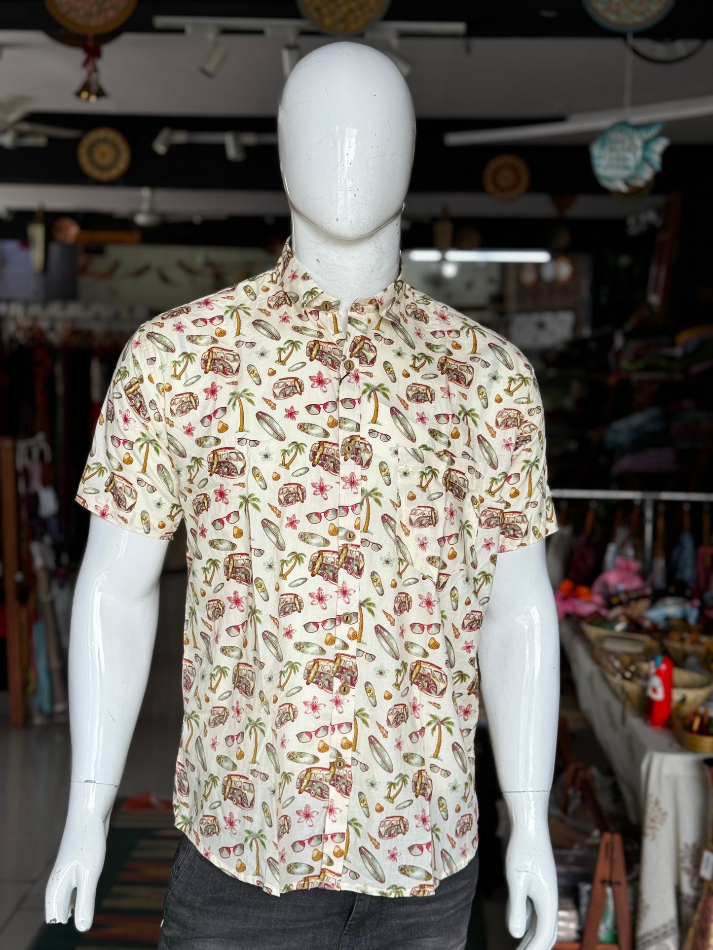 Vintage Off white vans, trees and goggles print mens half sleeves cotton shirt