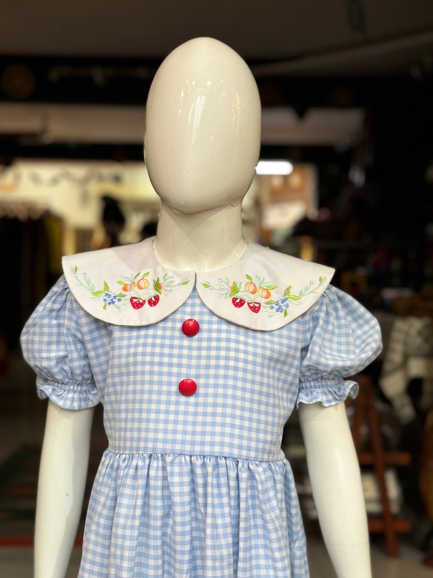 Light blue checks frock with corduroy embroidered collar