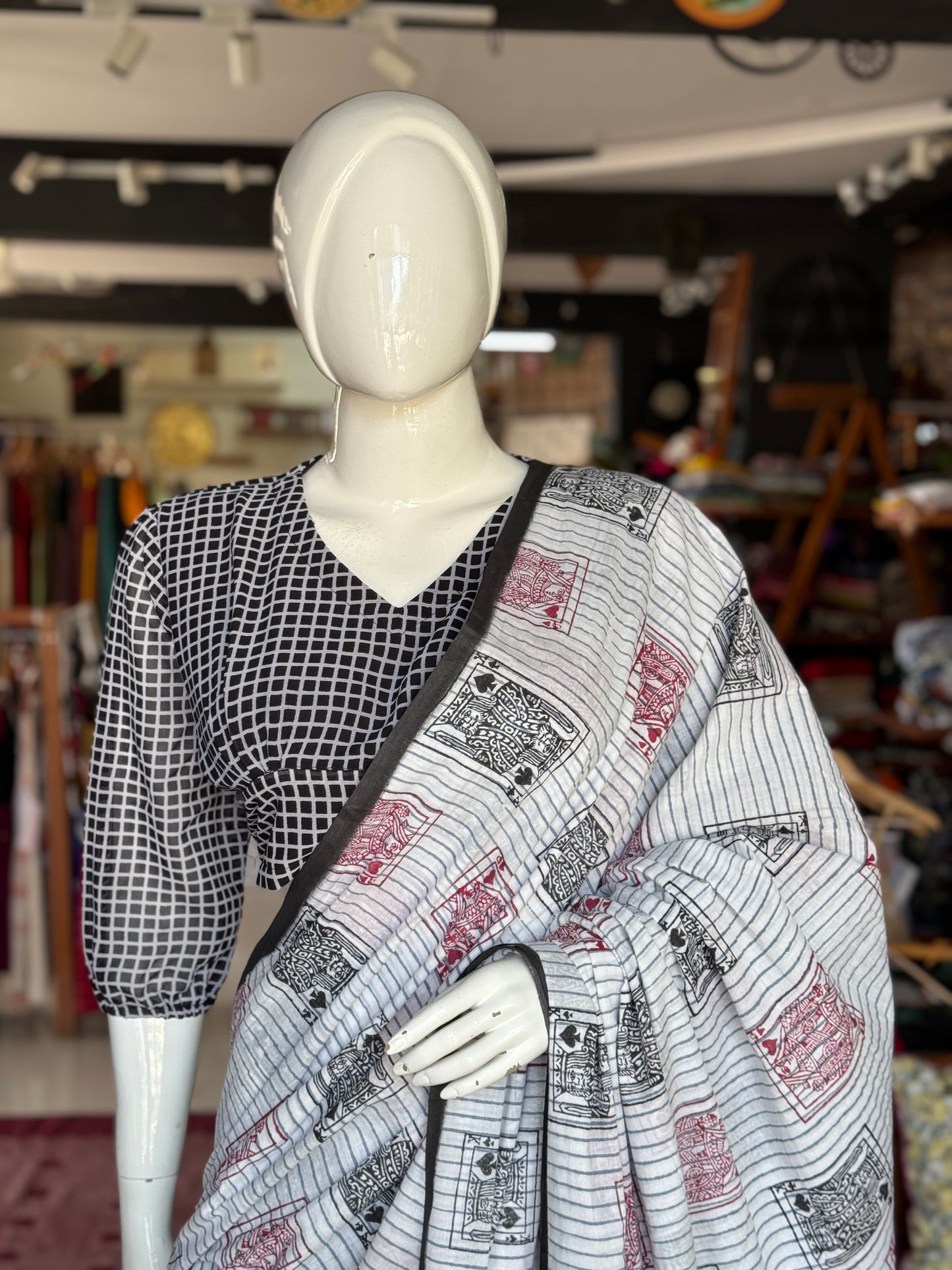 Taash king and queen - quirky cards hand block printed cotton saree