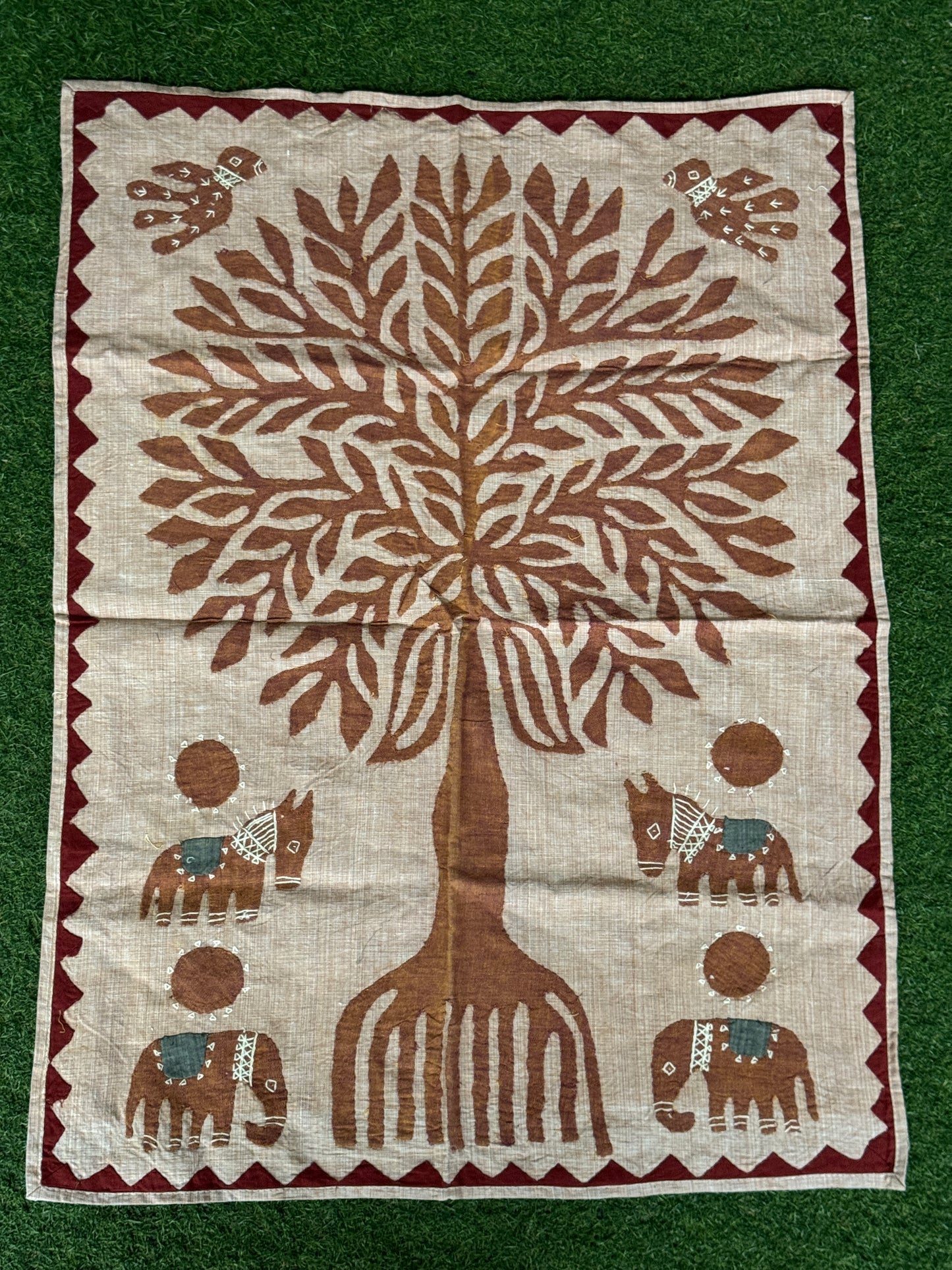 Applique work wall panel handcrafted in handwoven cotton - tree, horses and elephants - click to see color options