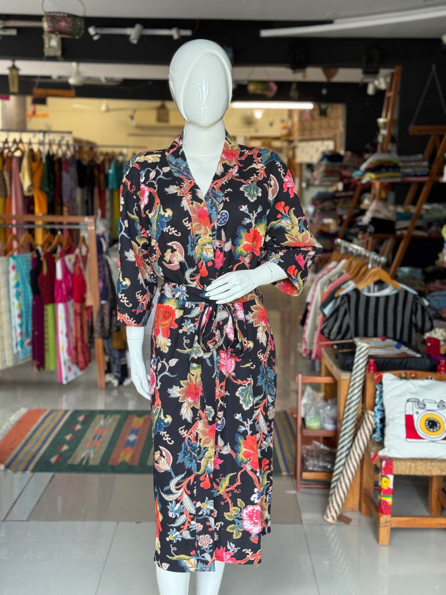 Hand block printed waffle cotton bath robe / swim suit cover up for adults - multiple designs