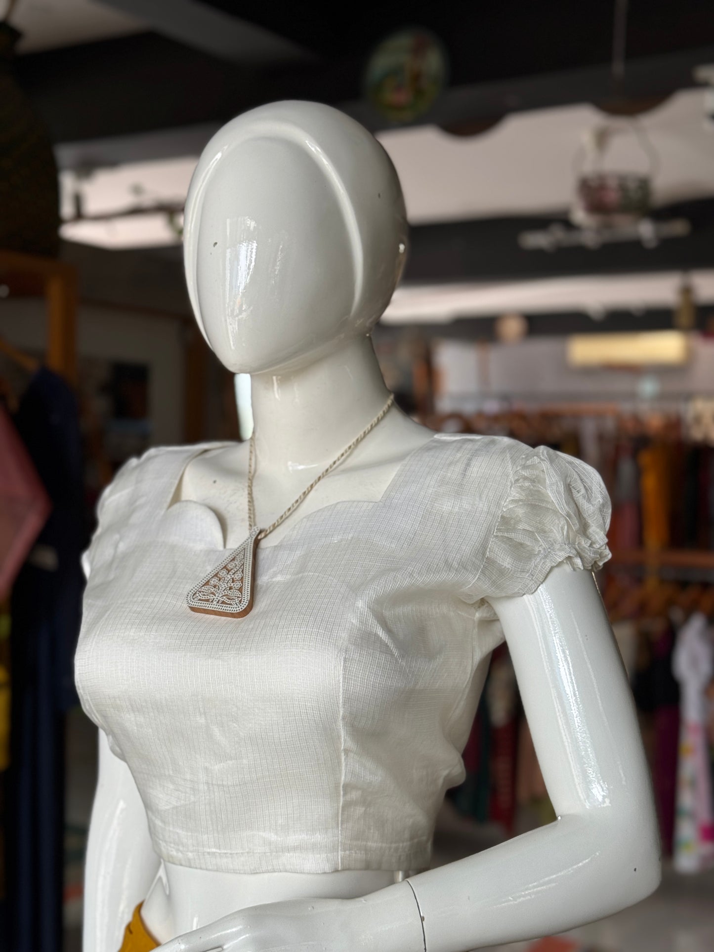 Off White kota silk back open blouse with puff sleeves