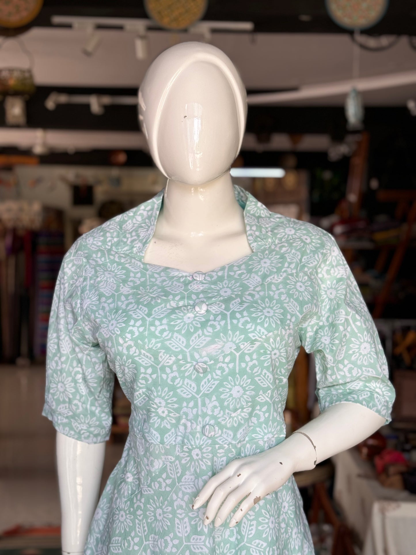 Sea Green floral hand block printed cotton dress with neck detailing