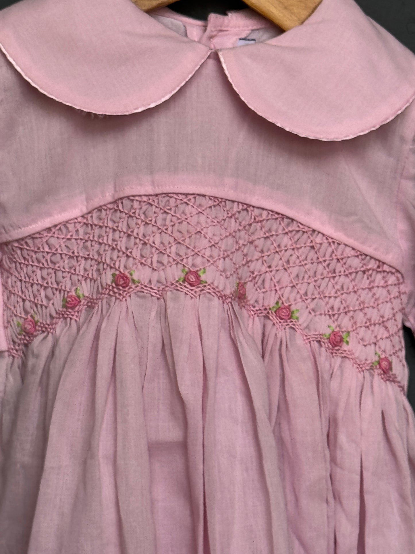 Baby pink hand embroidered smocking cotton frock for little girls