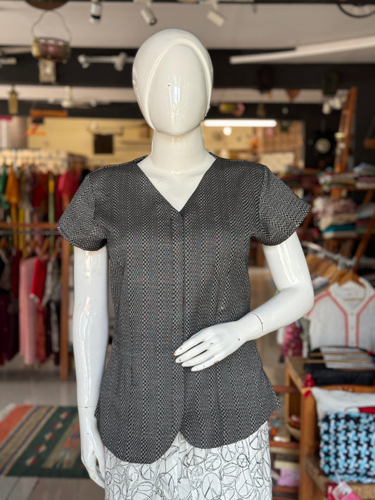 Black textured handwoven cotton top - V neck with curved hemline