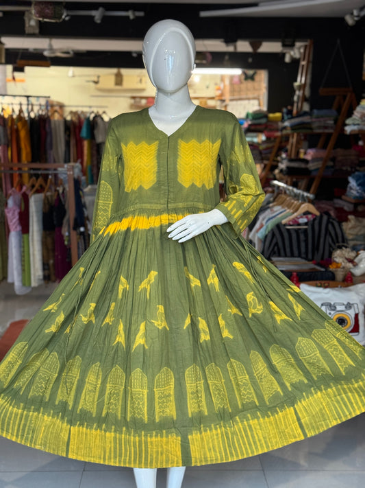 Green and yellow Shibori needle tie n dye cotton dress with draw string waist