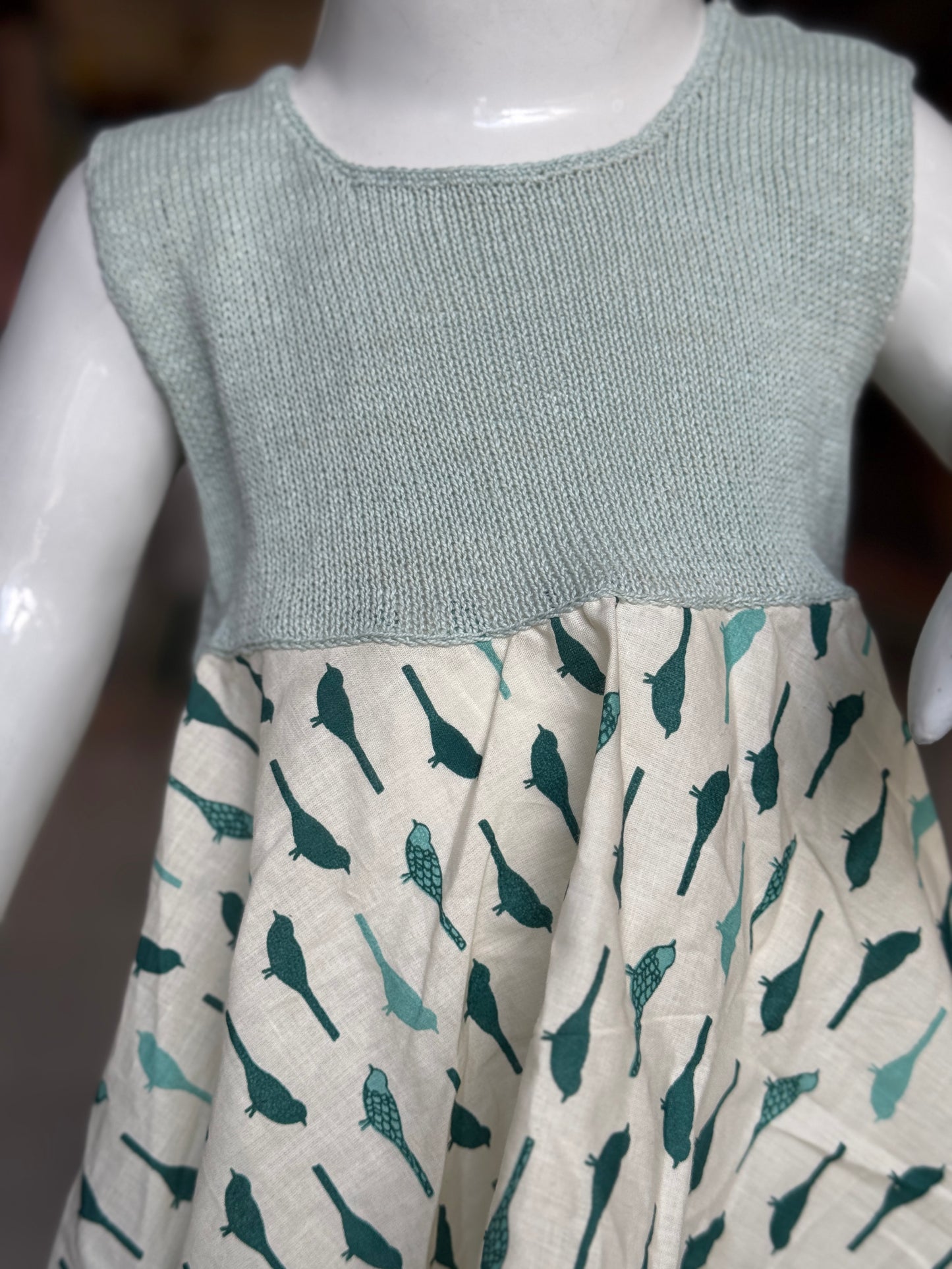 Crochet hand work yoke with hand block printed kerchief cut soft cotton frock