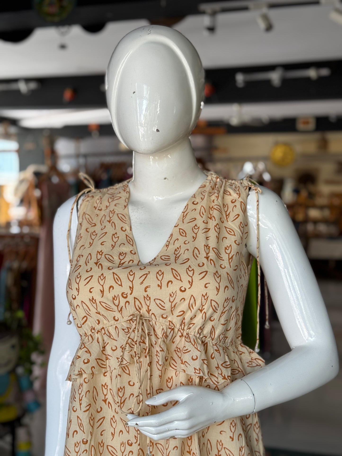 Caramel cotton hand block printed dress with 2 piece coord set look
