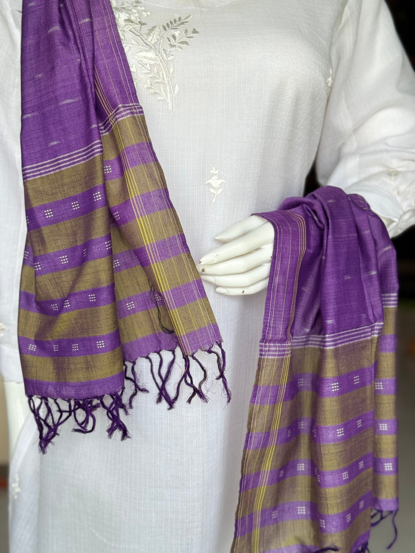 Violet and Olive green cotton handloom ikat stole