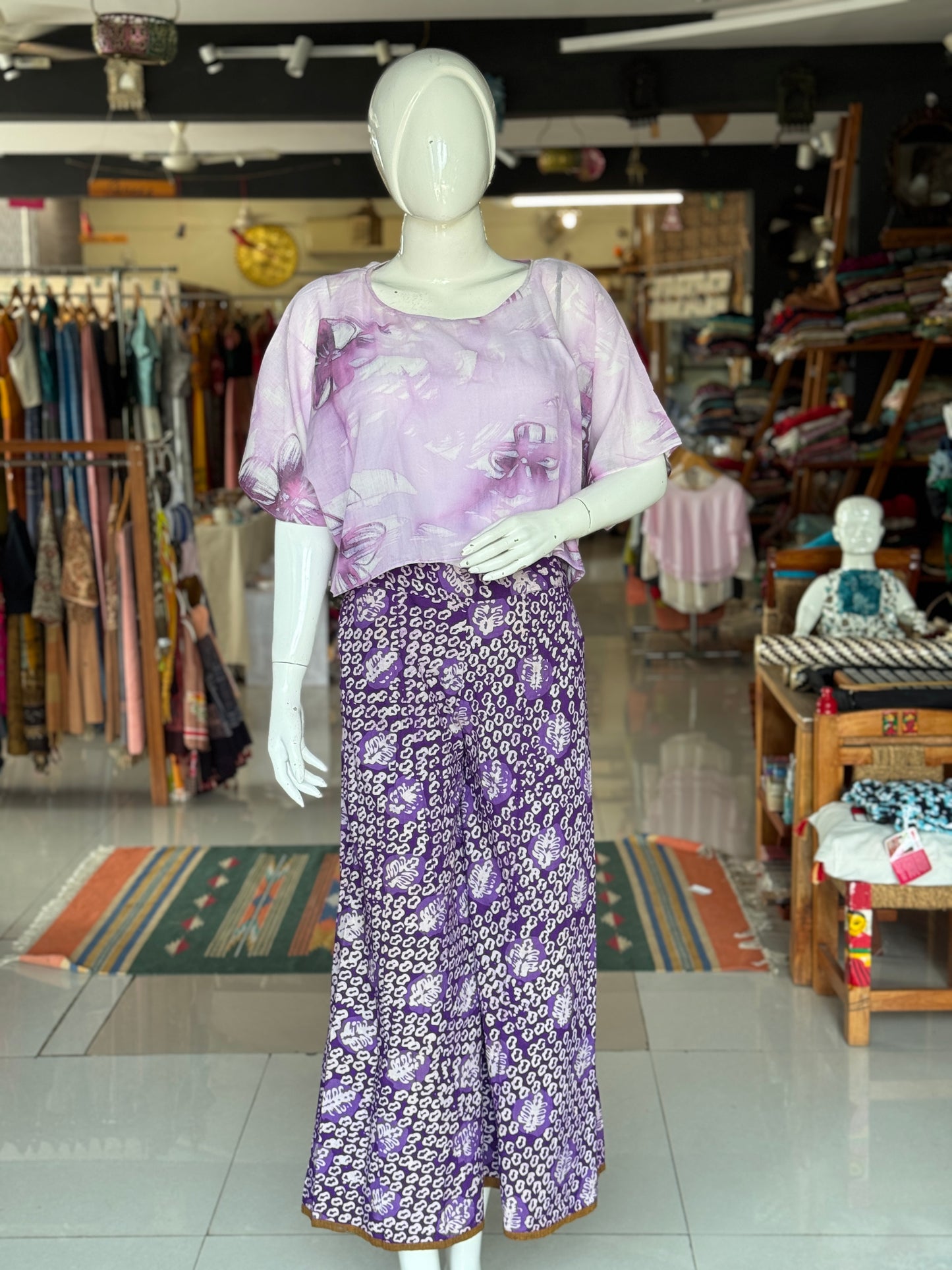 Purple hand-painted mul cotton kaftan crop top