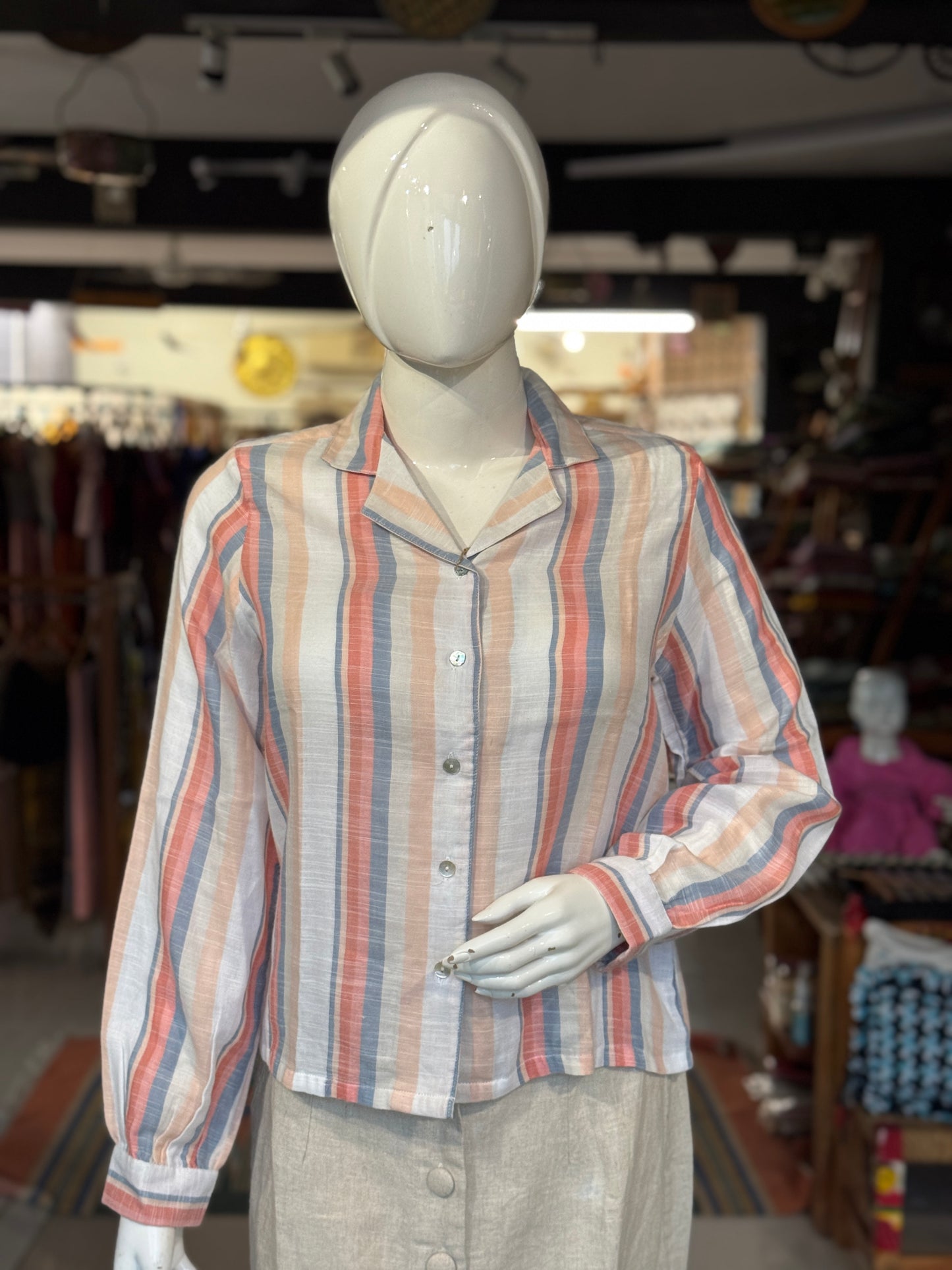 White peach pink stripes soft cotton shirt for women