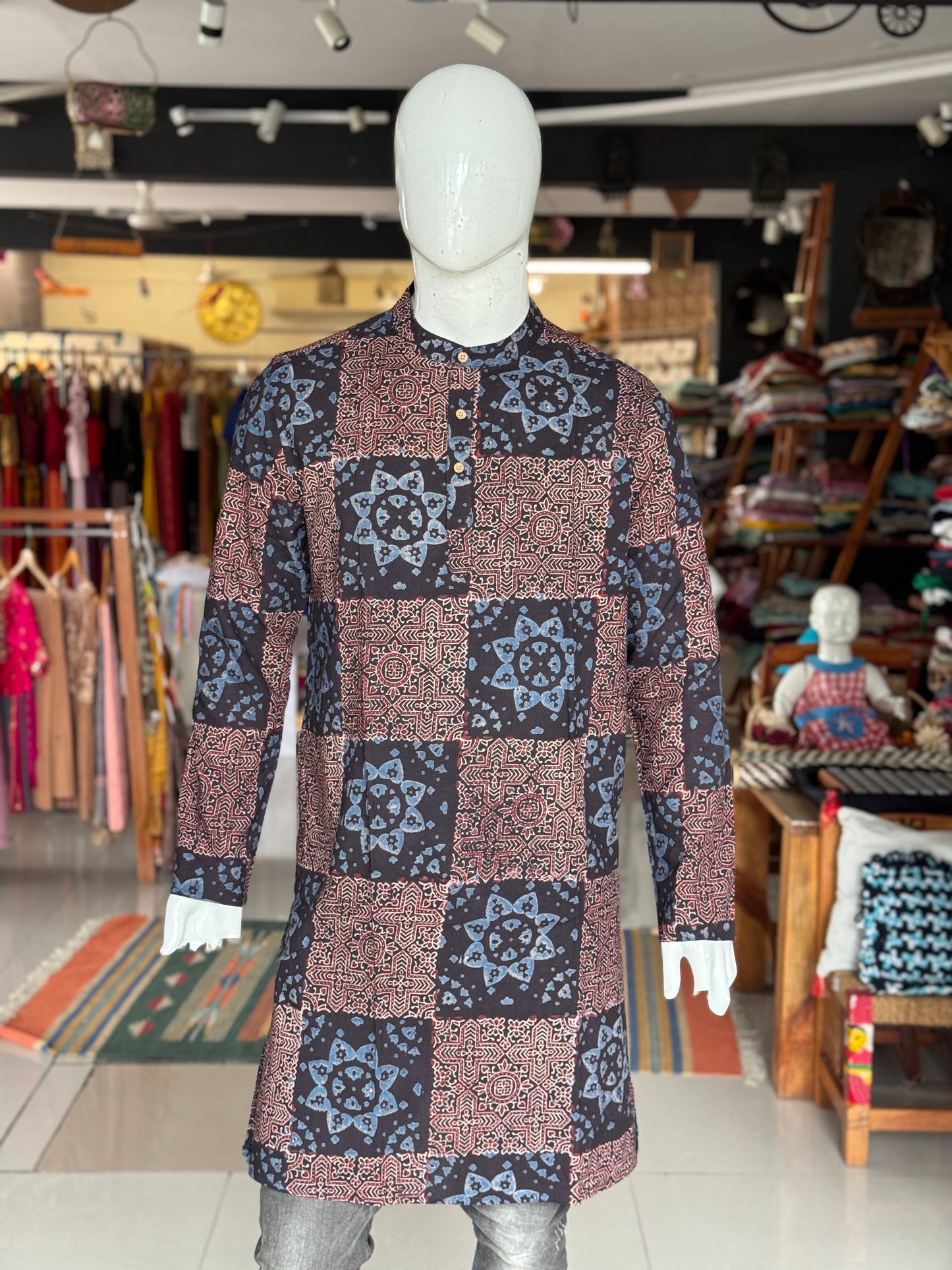 Ajrakh hand block printed cotton long kurta for men