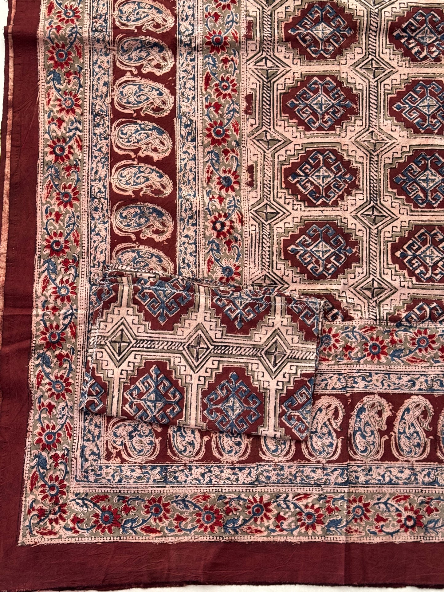 King size Kalamkari hand block printed cotton bedsheet with 2 pillow cases