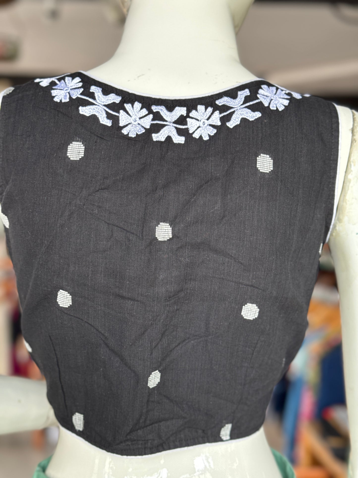 Embroidered neckline princess cut cotton sleeveless blouse - multiple colors available