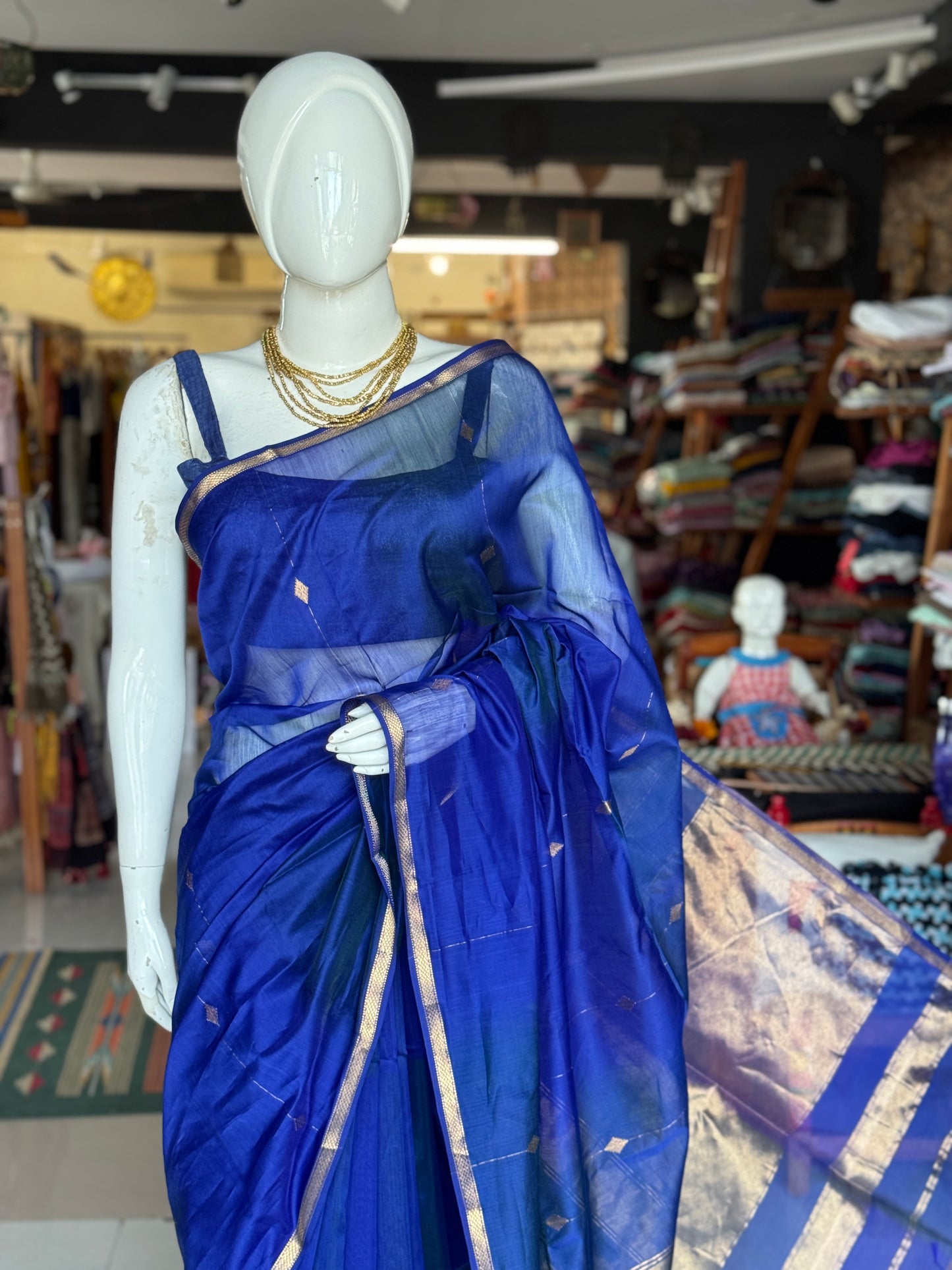 Blue all over stripes and butis silk cotton Maheshwari handloom saree