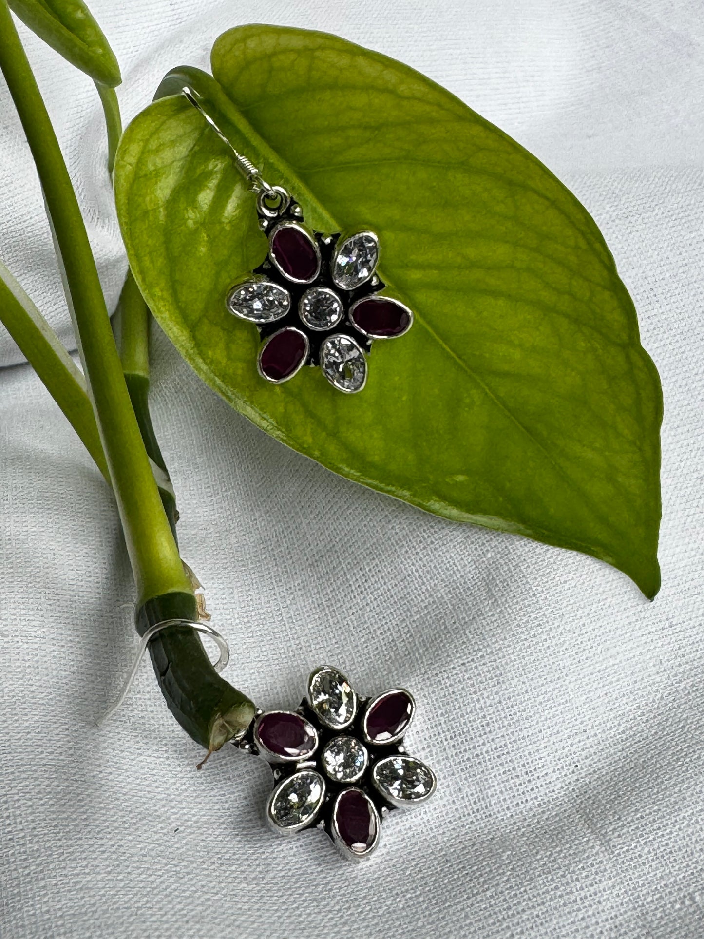 White and pink stones flower drop 92.5 Sterling silver hooks earrings